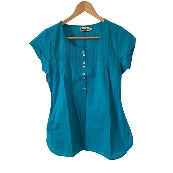 NWOT Fabindia Turquoise Blue Button Down Cap Sleeve 100% Cotton Shirt - Picture 1 of 6